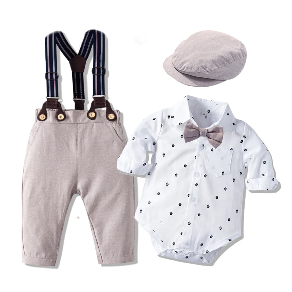 Baby Suits Newborn Boy Clothes Romper + Vest + Hat Formal Clothing Outfit Party Bow Tie Children Toddler Birthday Dress 0- 24 M