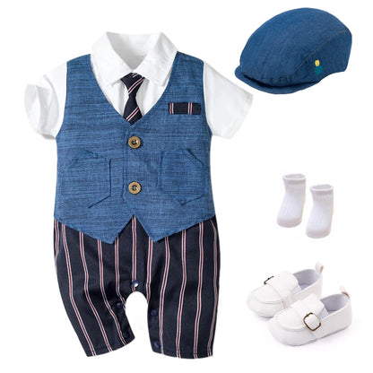 Summer Baby Romper Suit Newborn Boys Formal Clothing Children Hat + Jumpsuit + Shoes + Socks 4 Pieces Outfit Blue Costume