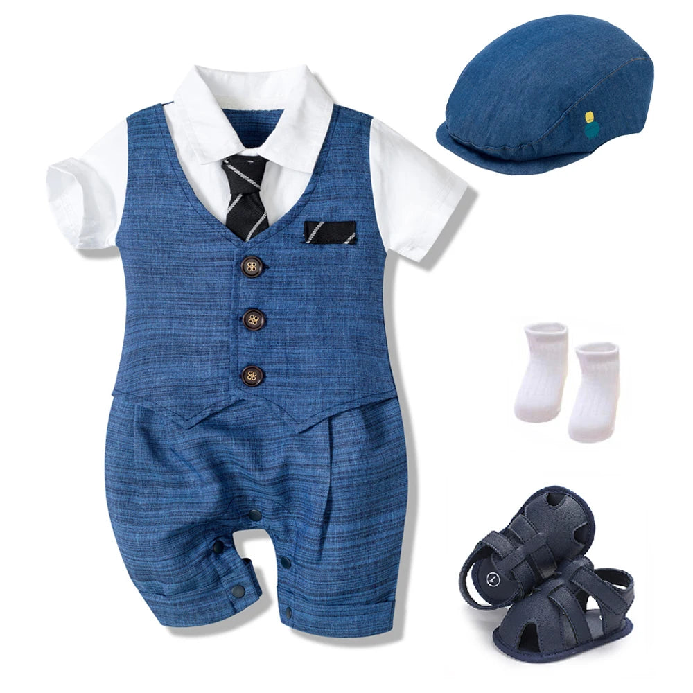 Summer Baby Romper Suit Newborn Boys Formal Clothing Children Hat + Jumpsuit + Shoes + Socks 4 Pieces Outfit Blue Costume