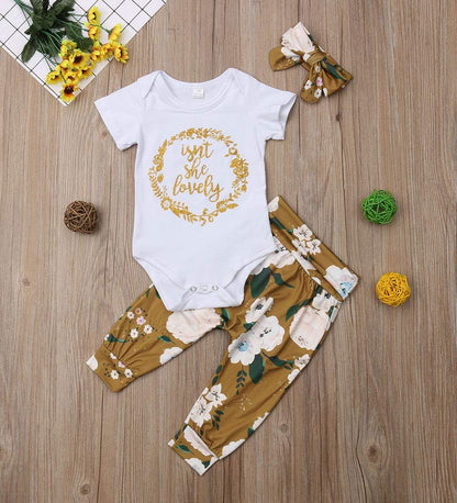 Isnt She Lovely 0-18M Infant Newborn Baby Girl Short Sleeve Bodysuit Tops Floral Pant Headband