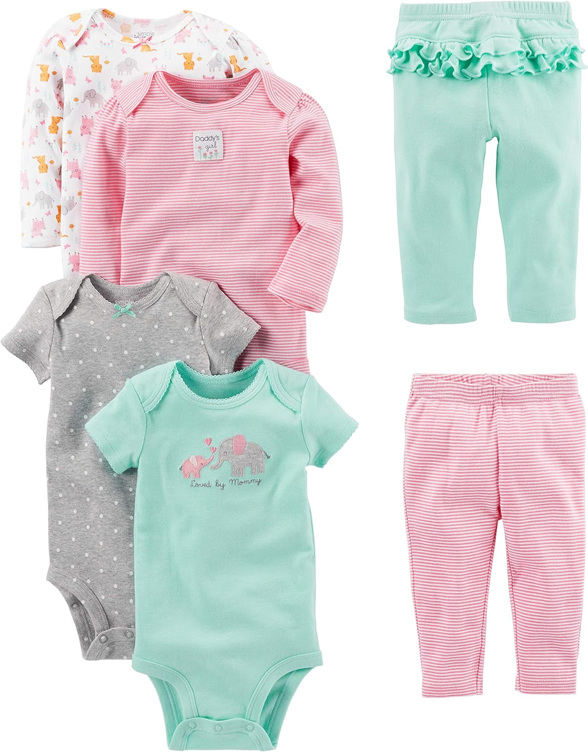 Baby-Girls 6-Piece Bodysuits (Short and Long Sleeve) and Pants Set