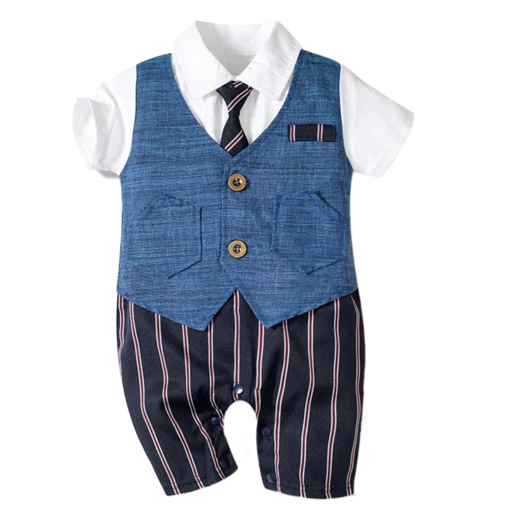 Summer Baby Romper Suit Newborn Boys Formal Clothing Children Hat + Jumpsuit + Shoes + Socks 4 Pieces Outfit Blue Costume