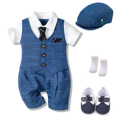 Summer Baby Romper Suit Newborn Boys Formal Clothing Children Hat + Jumpsuit + Shoes + Socks 4 Pieces Outfit Blue Costume