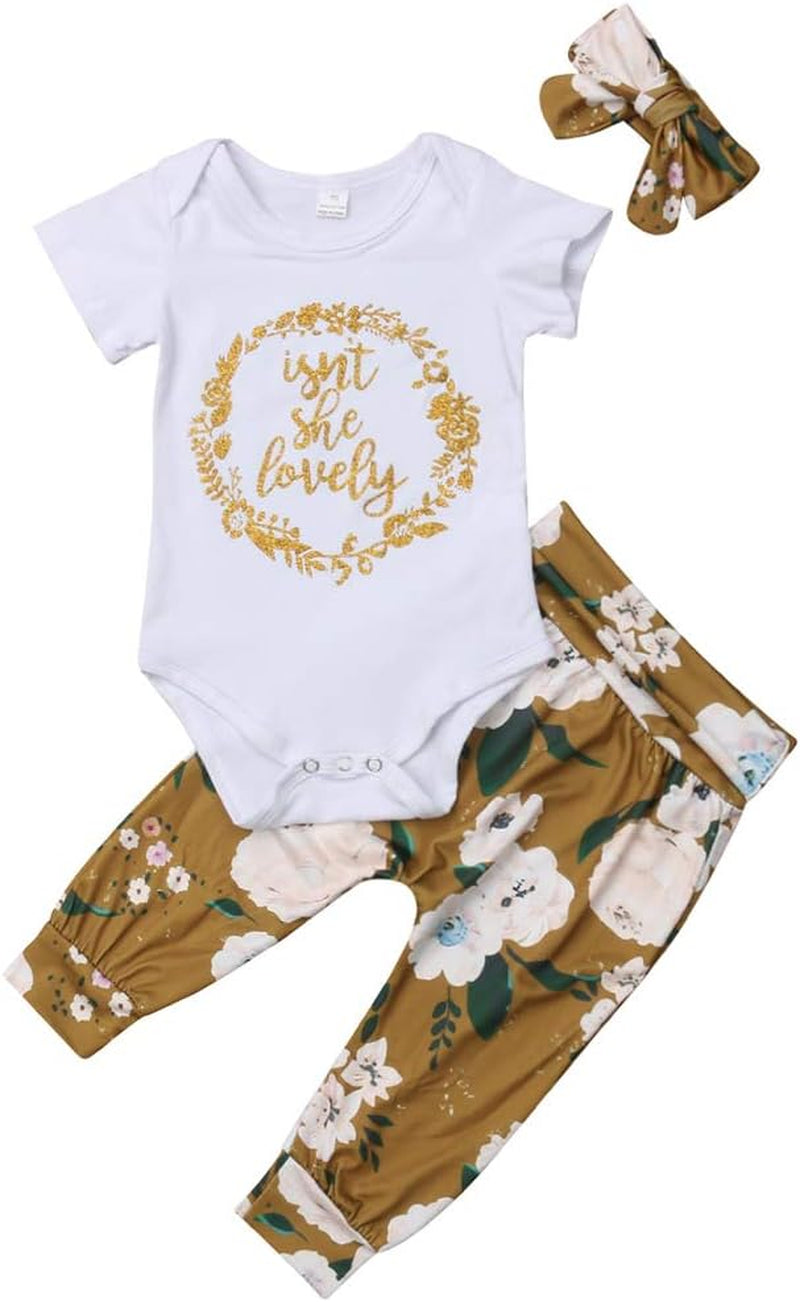 Isnt She Lovely 0-18M Infant Newborn Baby Girl Short Sleeve Bodysuit Tops Floral Pant Headband