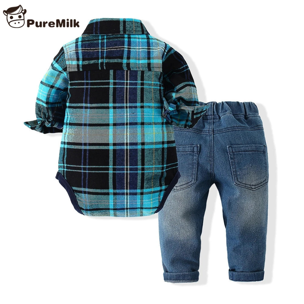 Newborn Clothes Plaid Shirt with Jeans Blue Color Bebes Clothing Set 2Pcs/Set Hot Sale Chlild Clothing Set