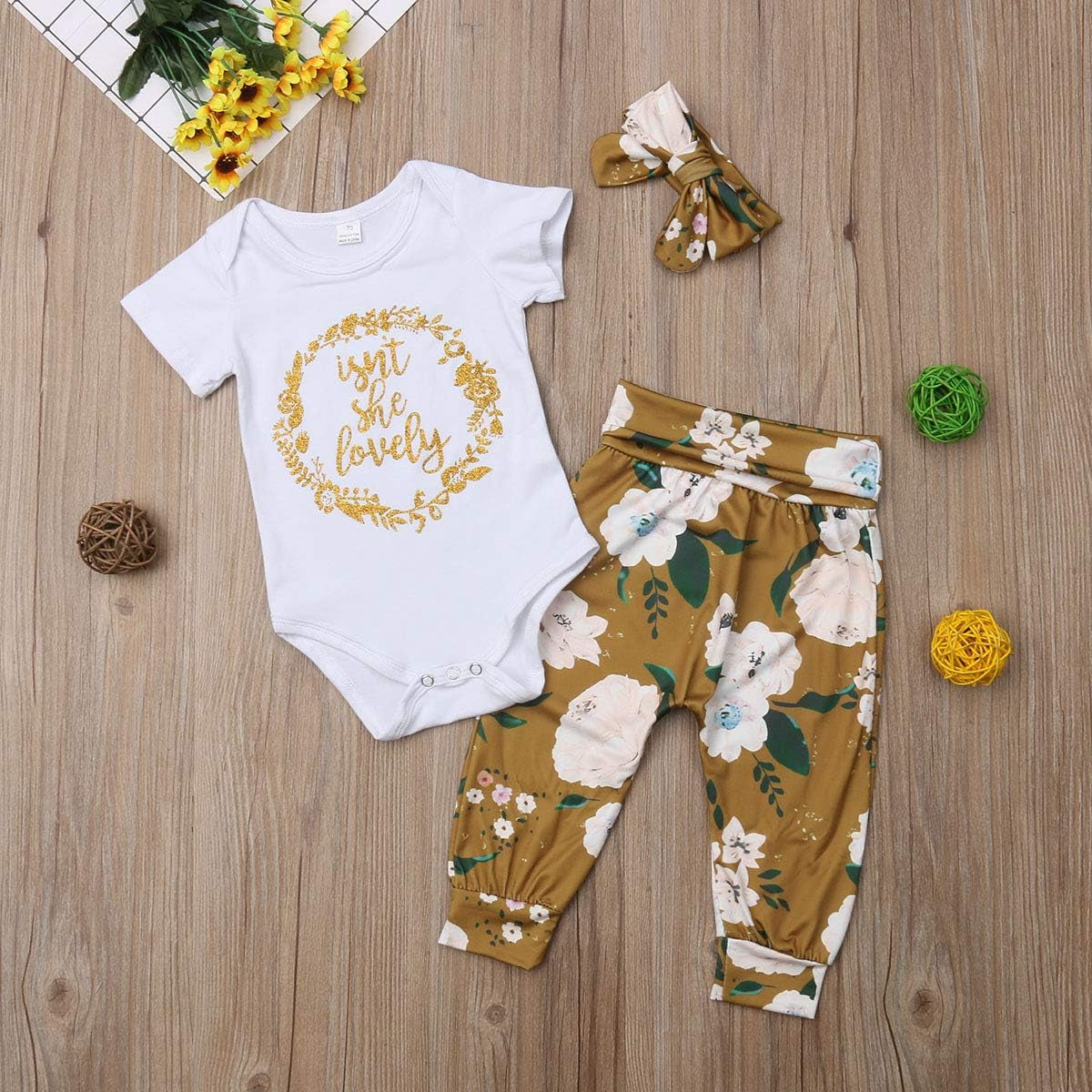 Isnt She Lovely 0-18M Infant Newborn Baby Girl Short Sleeve Bodysuit Tops Floral Pant Headband